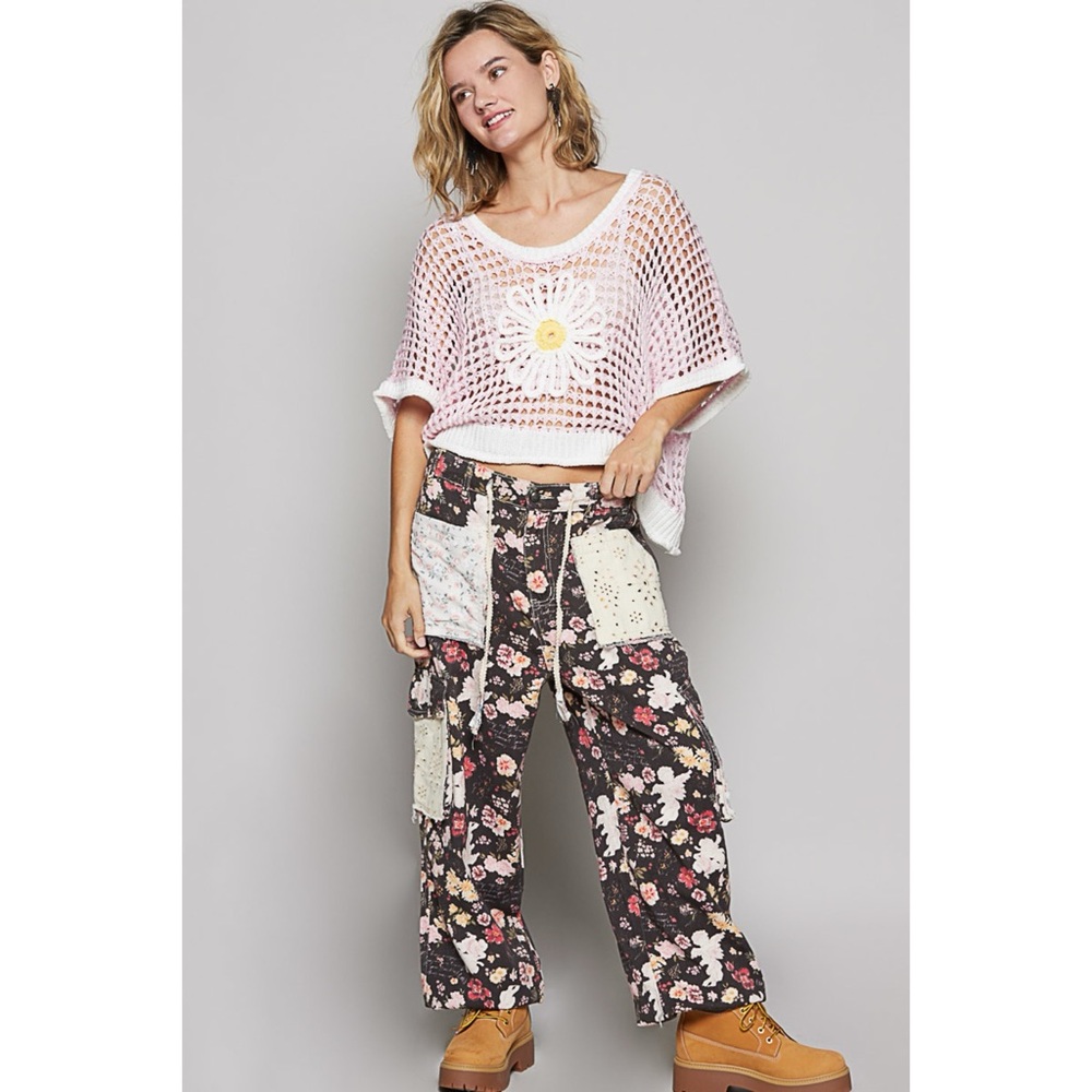 POL Black Floral Cotton Twill Jogger Cargo Pants | Patchwork Pockets - Picture 8 of 8